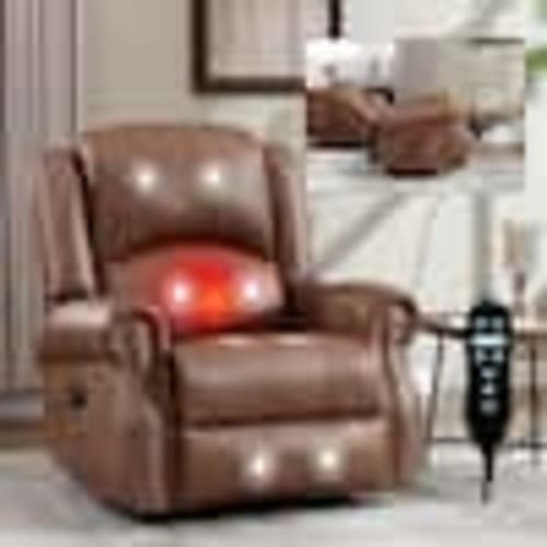 aisword Brown 360° Faux Leather Manual Swivel Rocker Recliner Chair with Massage and Heat, Nailhead Trim, Side Pocket AD3224S00029