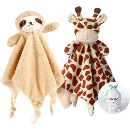 CREVENT Cozy Plush Baby Security Blanket, Loveys for Baby Girls and Boys, Birthday (Giraffe + Sloth)