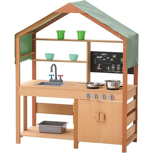 VEVOR Mud Kitchen with Canopy, Fir Wood Play Kitchen for Toddlers with Accessories, Mud Kitchen for Kids Outdoor Backyard with Stoves, Planter Boxes, 2 Sink, Faucet, Blackboard, Cookware Pot
