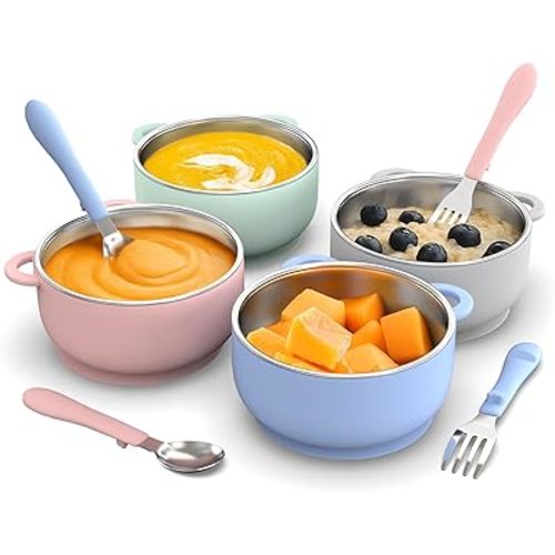 Toddler Feeding Suction Bowls and Utensils Set, 2-in-1 Stainless Steel 304 Kids Bowl & Silicone Suction Baby Bowl with Spoons and Forks, First Self-feeding Training Set, Sunrise Meadow