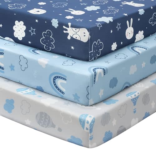 FIEMOL Baby Crib Sheets for Boys and Girls, 3 Pack Toddler Bed Sheets for 52”x28” Standard Toddler Mattresses, Soft Microfiber Fitted Crib Sheets Neutral Blue Cloud Animals