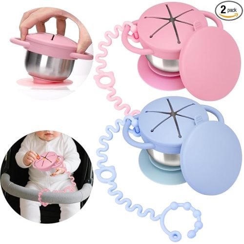Palksky Toddler Snack Cups Stainless Steel for Kids, 2 Pack 5-in-1 Snackle Containers with Spill-Proof Silicone Lids,Handles,Suction Base,Anti-Loss Tether, Baby Snack Box No-Spill for On-the-Go,Travel