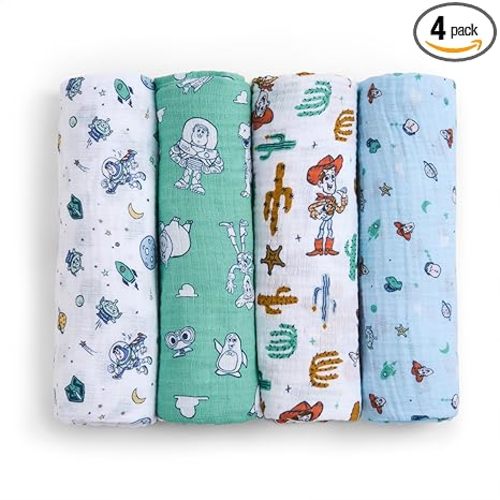 aden + anais Essentials Muslin Swaddle Blankets, Newborn Receiving Blanket for Swaddling, 100% Cotton Baby Swaddle Wrap, 4 Pack, Toy Story