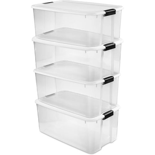 Sterilite 4-Pack Ultra Latching Box, Storage Bins with Lids, Clear Plastic, 116 Quart - Heavy-Duty Organizing Containers for Closet, Bathroom, and Office