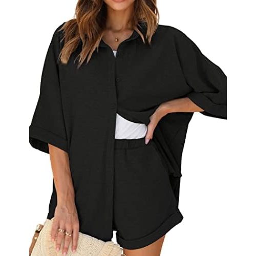 Ekouaer Waffle Knit Lounge Sets for Women Short Sleeve Pajamas Button Down Pjs Oversized Loungewear Shorts Set