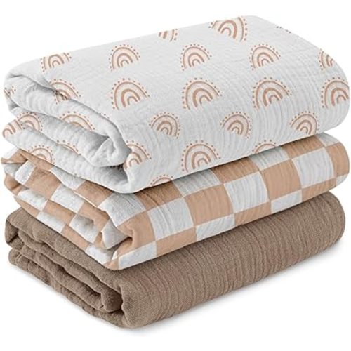 Muslin Swaddle Blankets for Newborn, 3 Pack Breathable Soft Receiving Blanket, Large 38 x 40 inches Swaddle Wrap Burping Clothes Diapers, Essentials Infant Shower Items, Toddler Gift (Rainbow & Grid)