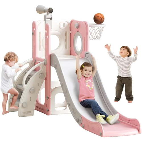 6 in 1 Toddler Playset with Slide, Kids Slide with Basketball Hoop, Ball, Ring Toss, Indoor Outdoor Toys Pink