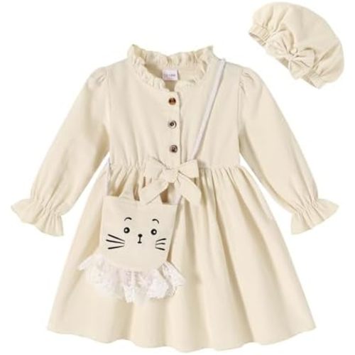 Happy Town Vestido de otoño para niñas pequeñas, vestidos de manga larga con lazo, trajes casuales de invierno con sombrero y bolsa