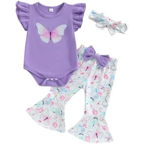Newborn Baby Girl Clothes Butterfly Print Fly Sleeve Romper Onesie Bell Bottoms 3Pcs Set Infant Summer Clothes