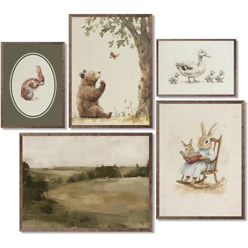 TUTENG 5Pcs Vintage Animal Nursery Wall Art Posters Kids Room Boys Wall Decor Duck Bear Painting Rabbit Picture Print for Baby Boy Bedroom Living Room Decoration 8x10in Unframed