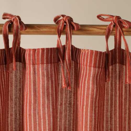 Boho Curtaine Stripe Gauze Linen Tie Top Maroon & Beige Fabric 2 Panel Set Drape