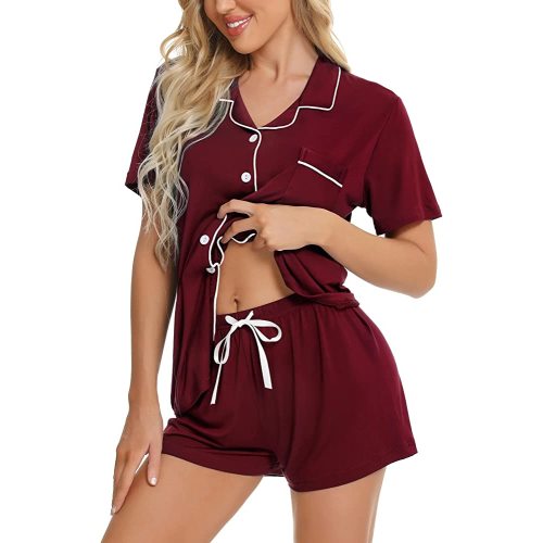 SWOMOG Womens Button Down Pajamas Set Short Sleeve Sleepwear Bride Soft Pj Lounge Sets XS-3XL