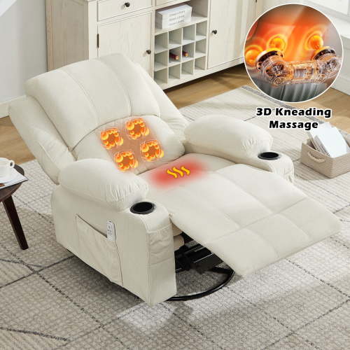 JONPONY Kneading Massage Rocker Recliner Chair with 4-Point 3D Kneading Massage and Heat Ergonomic Lounge Chair for Living Room with Rocking Function and 2 Cup Holders, USB Charge Port,Beige
