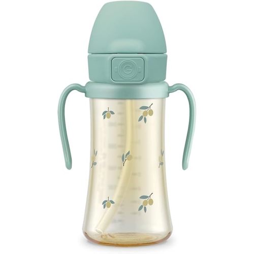 GROSMIMI Baby Straw Cup, Spill-Proof PPSU Sippy Cup with Flip-Top, Rotating Handles for Babies & Toddlers 12+ Months, Bite-Resistant Silicone Straw, BPA-Free, Stage 2, 10oz (Olive)