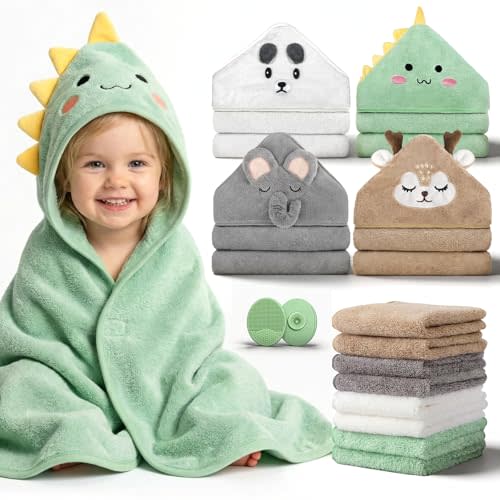 14 PCS Baby Bath Towels Set, Hooded Baby Towels, Baby Bath Essentials | 4 PCS Baby Towels, 8 PCS Washcloths & 2PCS Bath Brush Set for Infants & Toddlers, Ultra Absorbent & Soft for Boys & Girls