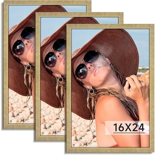 HLiWEGNS Matte Gold 16x24 Frame Set of 3 - Vintage 16 x 24 Poster Frame with Plexiglass for Wall Gallery Display, 16x24 Picture Frame for Puzzles, Artwork, Photos and Posters - Ideal Christmas Day