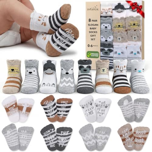 Organic Cotton Blend 8 Baby Socks 0–6M Non Slip Newborn Essentials | Oeko-Tex Certified, Ankle Socks, 8 Pairs, Baby Girl Socks, Boy Socks, Animal Design, Unisex Design, 0-6 Months, Snug ribb
