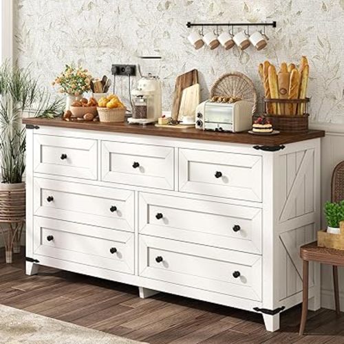 White Dresser, Farmhouse Dresser with Smooth Metal Rails, Wide Large Storage Drawers and TV Stand for Bedroom, Hallway