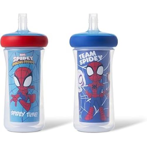 The First Years Spidey and His Amazing Friends Insulated Straw Cups - Toddler Cups with Straws and DropGuard Protection - Kids Water Bottles - 9 Oz - 2 Count - Ages 18 Months and Up
