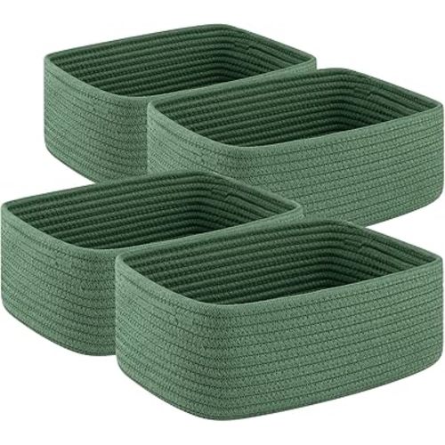 4 Pack Small Storage Shelf Baskets for Organizing, Mini Woven Rope Storage Bins for Towels, Cute Decorative Closet Organizer，Baby Nursery, Gift Empty Baskets -11.81''Lx7.87''Wx4.72''H-Green