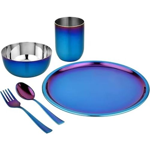 Ahimsa Stainless Steel Kids Dishes, Pediatrician Designed Complete 5 Piece Kids Plates and Bowls Set, Non Toxic & Unbreakable Stainless Steel Plate, Cup and Kid Utensils, Iridescent Blue