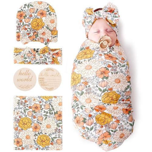 DRESHOW BQUBO Baby Girl Newborn Floral Receiving Blankets with Bow Hat Headband Wooden Birth Announcement Card Set Newborn Baby Swaddling Hats Sleepsack Toddler Warm Shower Gift