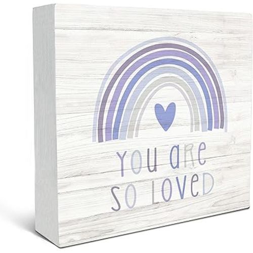 SRADMO You Are So Loved Rainbow Heart Wood Box Sign, Kids Inspirational Quotes Wooden Block Box Sign Decor for Kids Room, Nursery, Playroom Shelf, Table Decorative Accessories