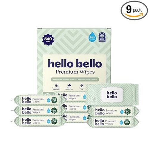 Hello Bello Premium Wipes, Designed for Sensitive Skin with Chamomile & Aloe Extracts, Simply Sage (9 Resealable Packets = 540 Total Wipes)