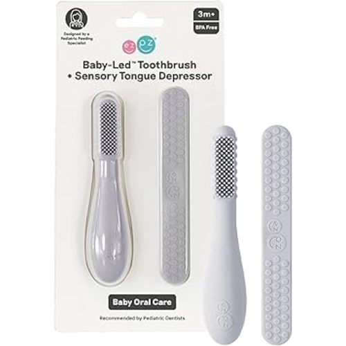 ezpz Baby-Led Toothbrush + Tongue Depressor Dual Pack (Pewter) - 100% Silicone Toothbrush + Silicone/Stainless Steel Tongue Depressor - Helps Set-up Infants for a Healthy Oral Care Routine