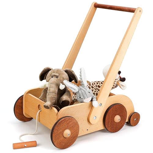 Woodtoe Wooden Baby Walker, Adjustable Speed Anti-Rollover Push Walker Toy for Babies Learning to Walk, Natural Wood Toddler Push and Pull Toys Wagon Birthday Toy for Boy Girl 1-3(Patent Protection)
