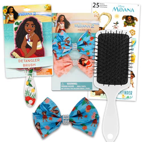 Moana Hair Accessories Set for Kids - Bundle with Disney Hair Brush Detangler, Cute Bows, and Stickers | Moana Hair Accessories for Girls