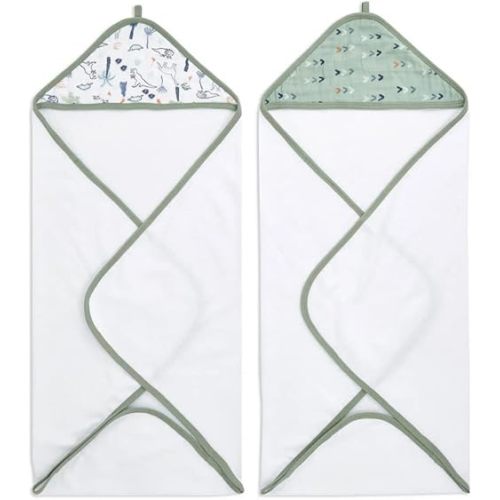 aden + anais Aden Classic Hooded Baby Bath Towel, Super Soft 100% Cotton, 2 Pack, Dinotime
