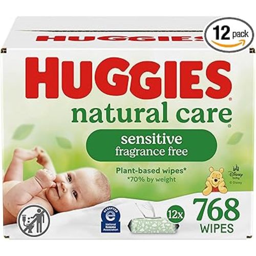 Huggies Natural Care Sensitive Baby Wipes, Unscented, Hypoallergenic, 99% Purified Water, 12 Flip-Top Packs (768 Wipes Total), Packaging May Vary