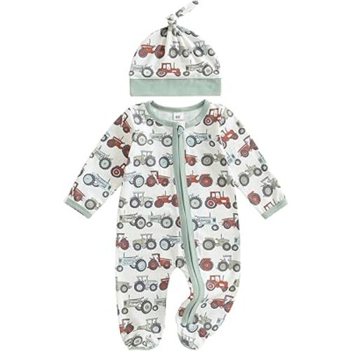 Infant Newborn Baby Boy Fall Outfit Farm Tractor Footed Romper Long Sleeve Zipper Jumpsuit Country Clothes Hat