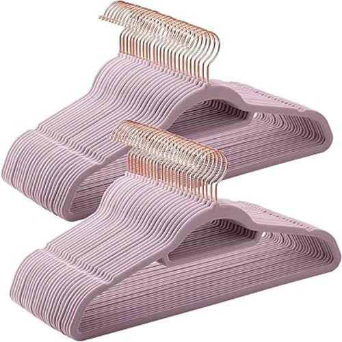 SONGMICS Velvet Hangers, Set of 50 Clothes Hanger with Rose Gold Swivel Hook, Non-Slip, and Space-Saving, 0.2-Inch Thick, 17.1-Inch Long for Coat, Shirt, Dress, Pants, Tie, Lavender Purple UCRF021GP50