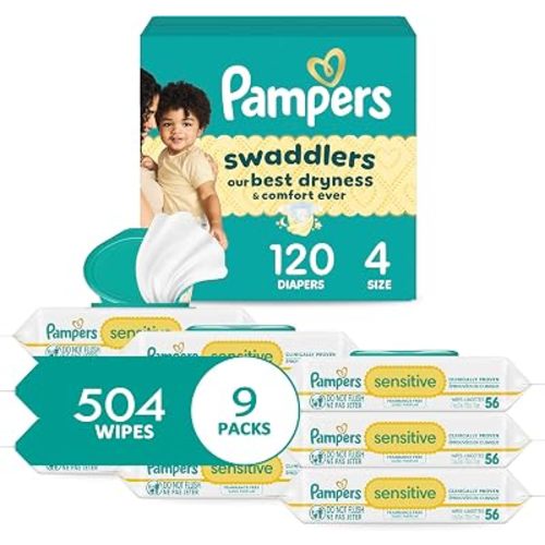 Pampers Swaddlers Diapers, Size 4 (15-34 lbs), 120 Count + Sensitive Baby Wipes, 504 Wipes Total (6X Flip-Top Packs) [Packaging May Vary]