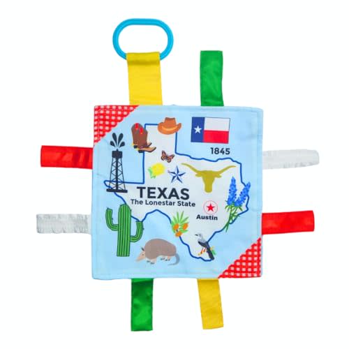 Baby Jack & Co 8x8” Learning Lovey Texas State Tag Stroller Toy for Babies - Crinkle Toys for Developing Five Senses - Learn About Capitals - Travel with Baby Jack - BPA Free Clip