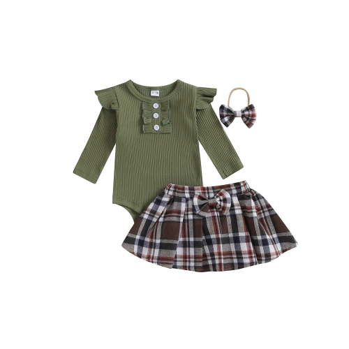 Baby Girls Fall Winter Outfits Ribbed Long Sleeve Romper Bodysuit Plaid Pleated Skirt Set 3Pcs Christmas Clothes 0-18M