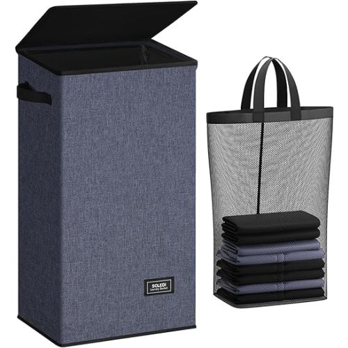 SOLEDI Laundry Hamper with Lid 100L Large & Tall Collapsible Laundry Basket, Clothes Hamper with Bag Removable Easy to Carry, Dirty Hampers for Bedroom, Bathroom, Dorm, College, Navy Blue