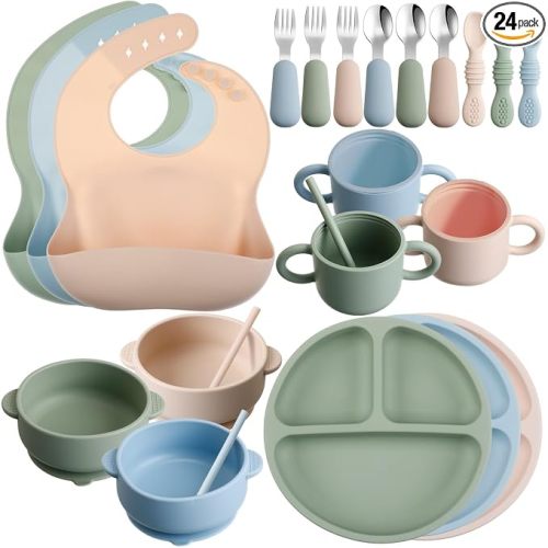 Yinder 24 Pack Silicone Baby Feeding Set Baby Led Weaning Essentials Suction Divided Plate Bowl Spoon Fork Adjustable Bib Snack Cup Straw for 6+ Months(Gray Blue, Army Green, Beige)