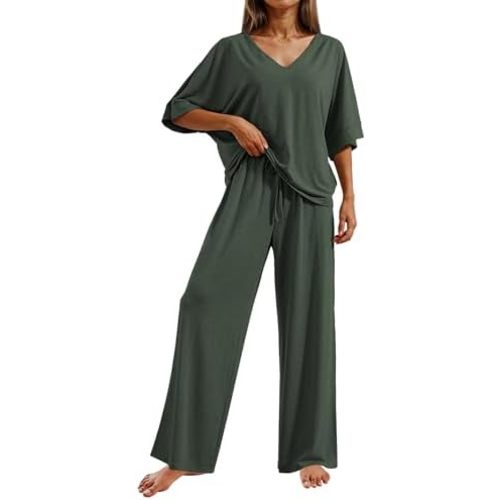 Ekouaer Pajama Sets for Women 2 Piece Lounge Set Short Sleeve Tops and Long Pants Soft Comfy Pjs Sleepwear Outfits S-XXL