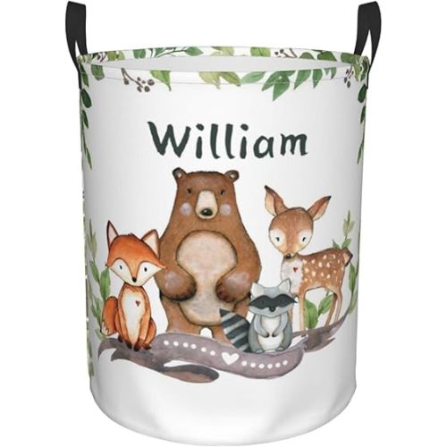 Woodland Forest Animals Personalized Laundry Hamper Custom with Name Collapsible Waterproof Storage Basket with Handles for Bedroom Decor Gift.