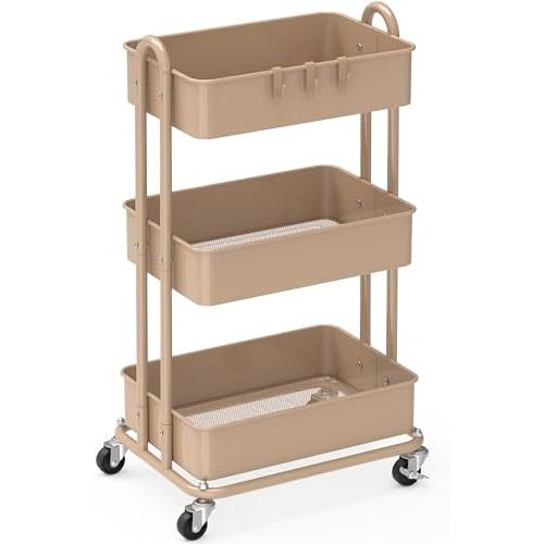 Simple Houseware 3-Tier Heavy Duty Metal Utility Rolling Cart, Khaki