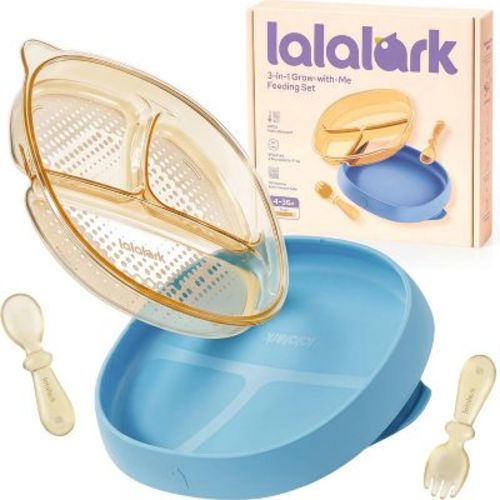 lalalark 4 PCS Toddler Plates with Suction Base Spoons & Fork Baby Divided Dishes for 0 1 2 3 Years Old PPSU & Food Grade Silicone BPA Free Blue