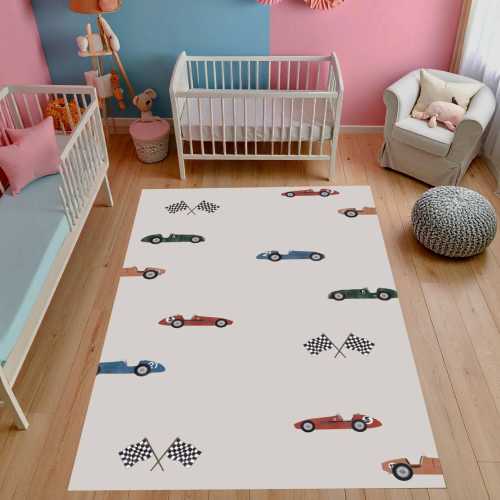 Vintage Racing Car Kids Area Rug with Classic Cars and Checkered Flags, Cute Playroom Carpet for Nursery and Children Room Decor