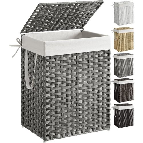 SONGMICS Laundry Hamper with Lid, 23.8 Gallon (90 L) Synthetic Rattan Clothes Laundry Basket with Lid and Handles, Foldable, Removable Liner, Dove Gray ULCB51WG