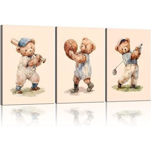 Teddy Bear Sports Nursery Animal Canvas Wall Art Cute Woodland Rugby Wall Decor Pictures Vintage Basketball Baseball Kids Room Poster Prints for Boys Room Bedroom Playroom Decorations12x16in canvas