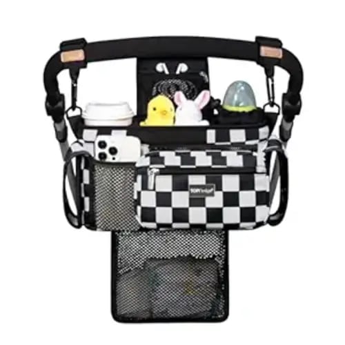 TOPDesign Universal Baby Stroller Organizer, Stroller Caddy with Detachable Mesh Bag & Heightened Insulated Cup Holders & Non-Slip Secure Hooks Accessories, Fits Most Strollers (Checkerboard)