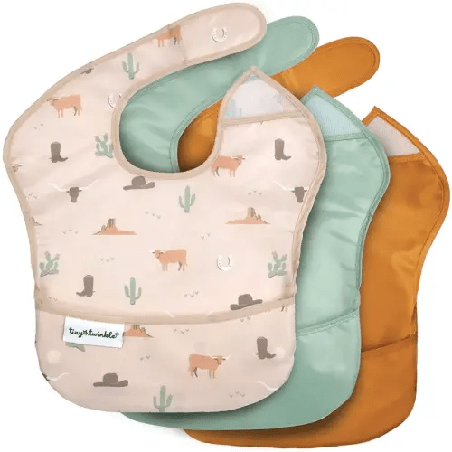 Tiny Twinkle Mess-Proof Baby Bibs for Eating | Waterproof, Wipeable Toddler Bibs with Catch-All Pocket | Feeding Bibs for Girls & Boys(3 Pack,Cowboy)