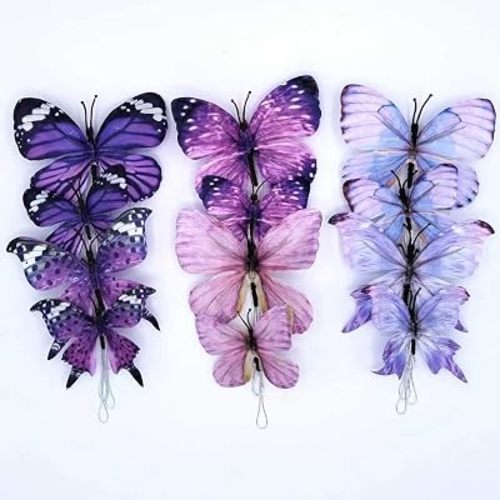 12 PCS Butterfly Decorations, DIY 3D Fake Butterflies for Crafts, 2 Sizes Decorative Butterfly Decor for Flowers Bouquet Nursery Wedding Tea Party Home Wall Table Easter Spring. (Purple Large)